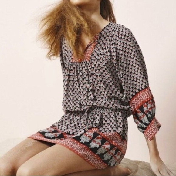 Ulla Johnson Black/orange Bazaar Silk Dress in Light Indian Floral 8/M - Picture 4 of 11